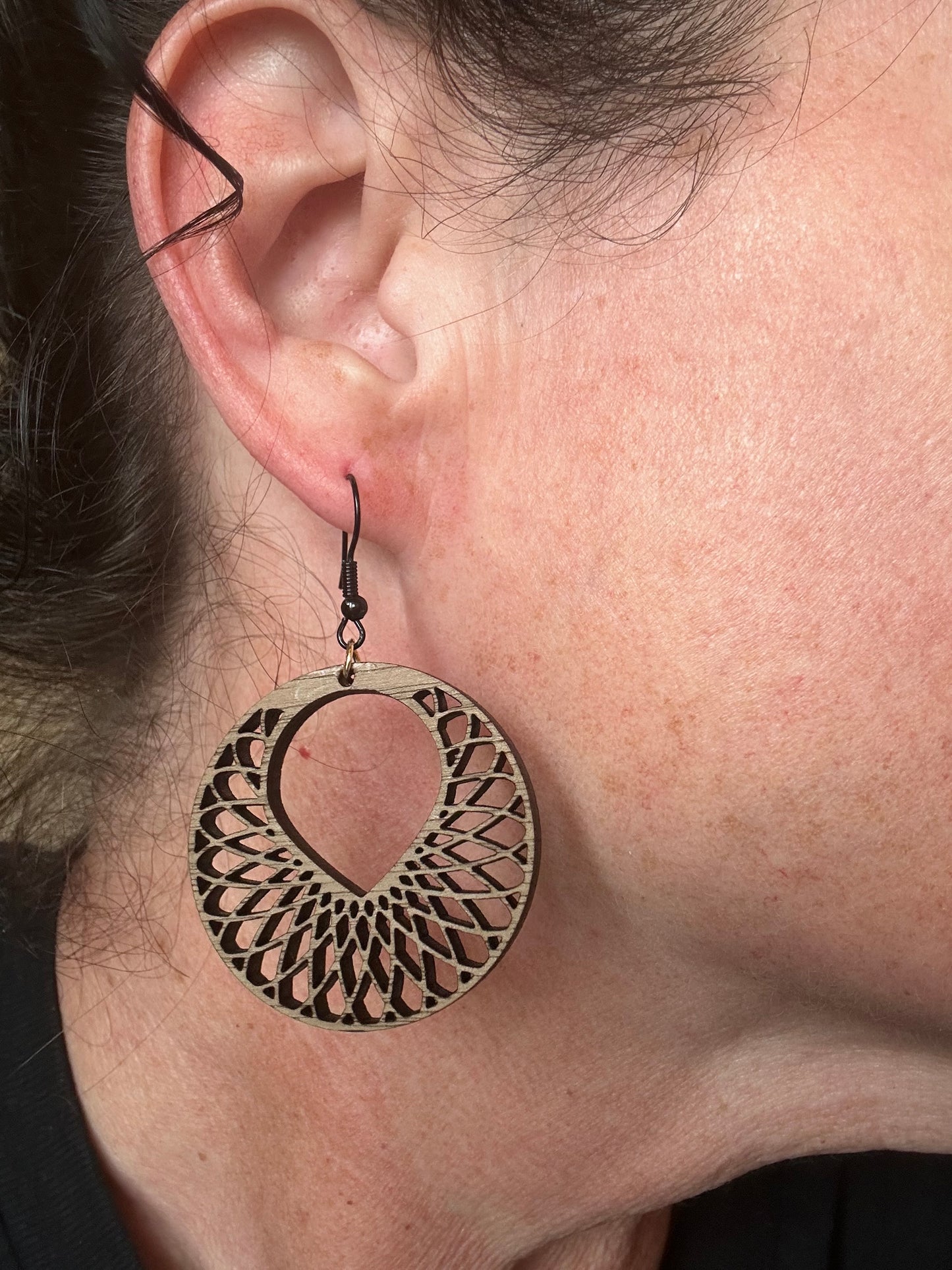 Wooden Walnut Spirograph Hoop Earrings