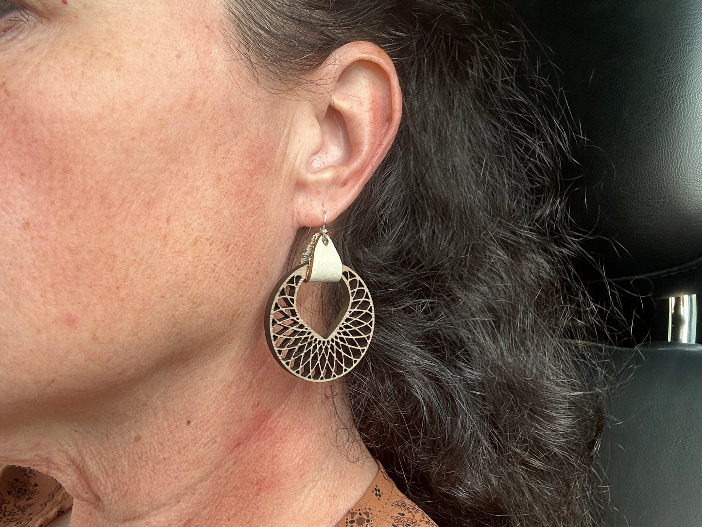 Wooden Walnut Spirograph Hoop Earrings