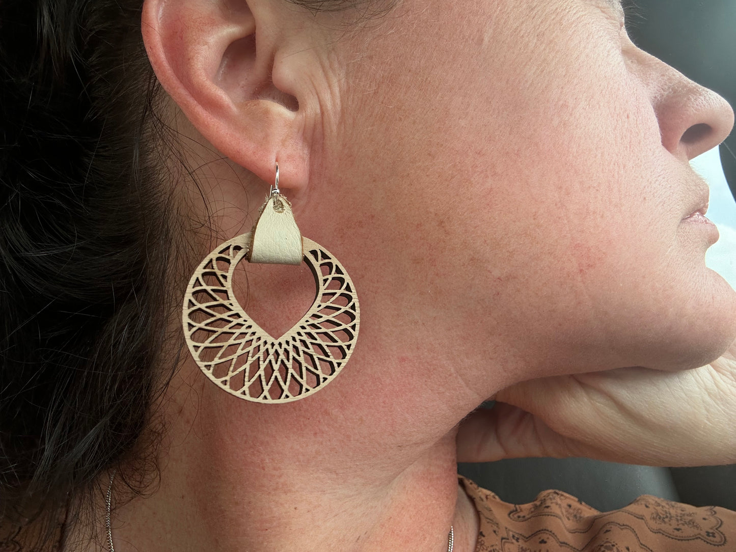 Wooden Walnut Spirograph Hoop Earrings